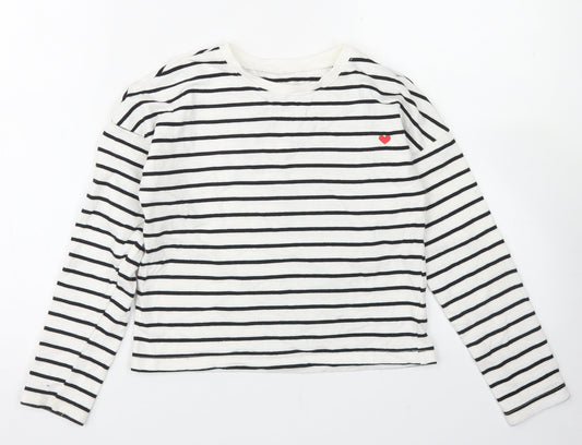 Dunnes Stores Girls White Striped Cotton Pullover Sweatshirt Size 10-11 Years   - Cropped