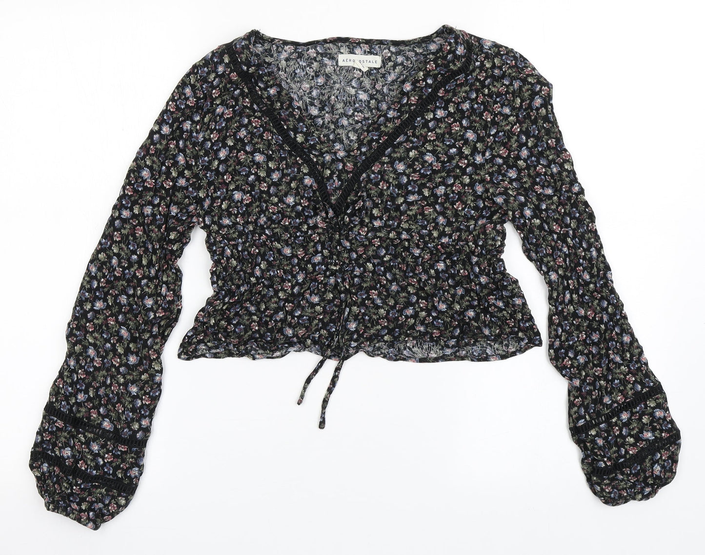 Aeropostale Womens Black Floral Cotton Cropped Blouse Size S V-Neck