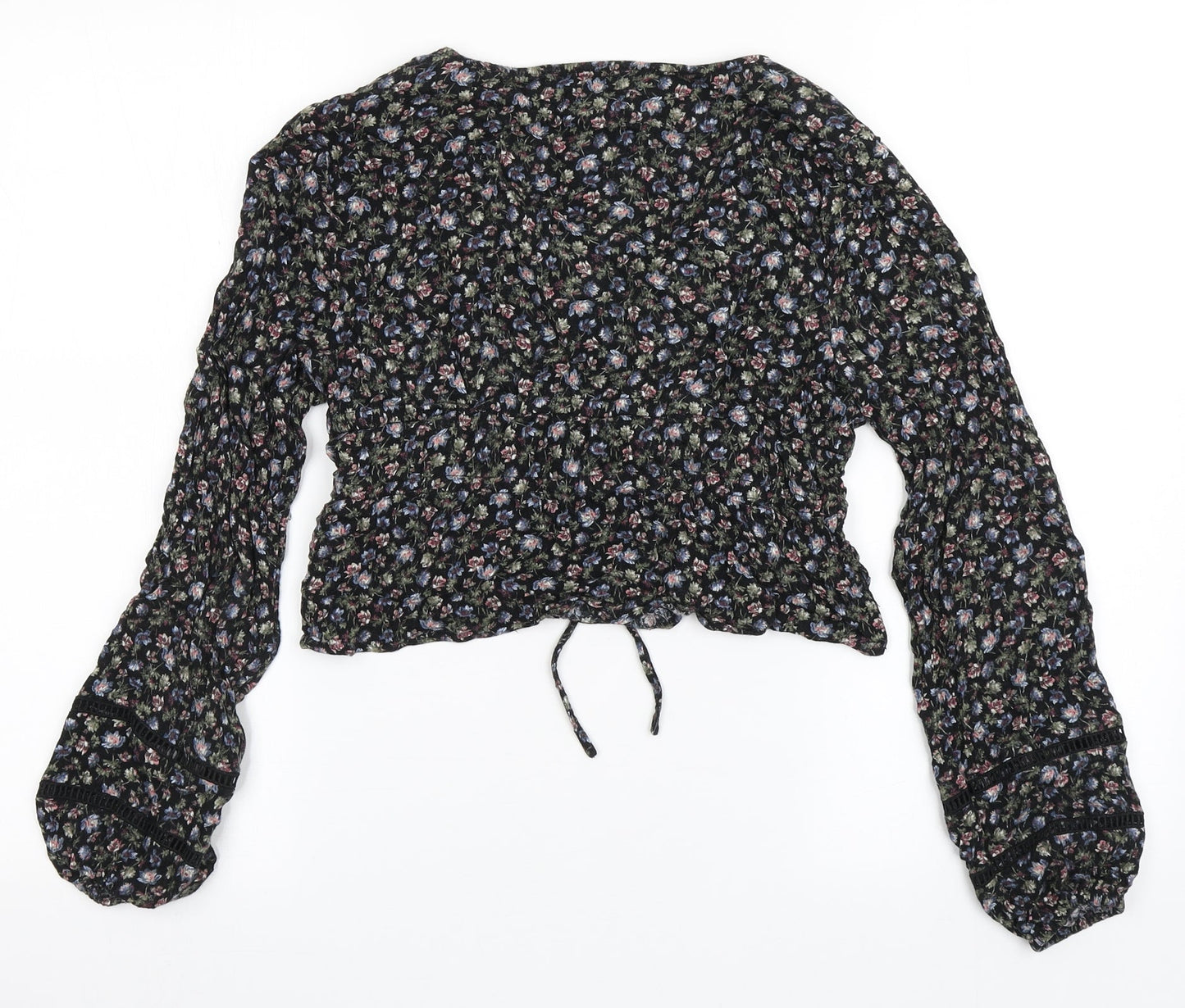 Aeropostale Womens Black Floral Cotton Cropped Blouse Size S V-Neck