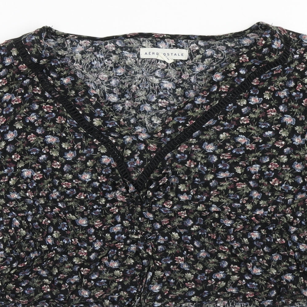 Aeropostale Womens Black Floral Cotton Cropped Blouse Size S V-Neck