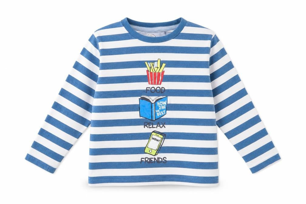 Cool Club Boys Blue Striped Cotton Basic T-Shirt Size 4 Years Crew Neck Pullover - Food, Relax