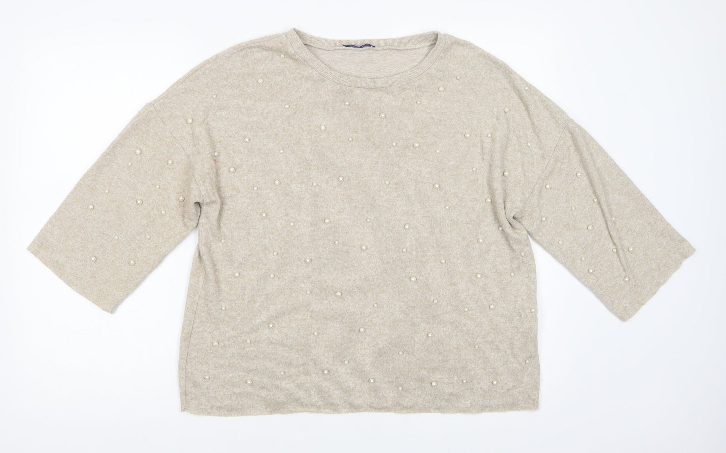 Zara Womens Beige Crew Neck  Viscose Pullover Jumper Size M