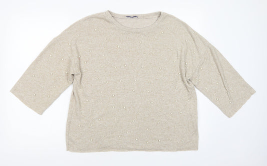 Zara Womens Beige Crew Neck  Viscose Pullover Jumper Size M