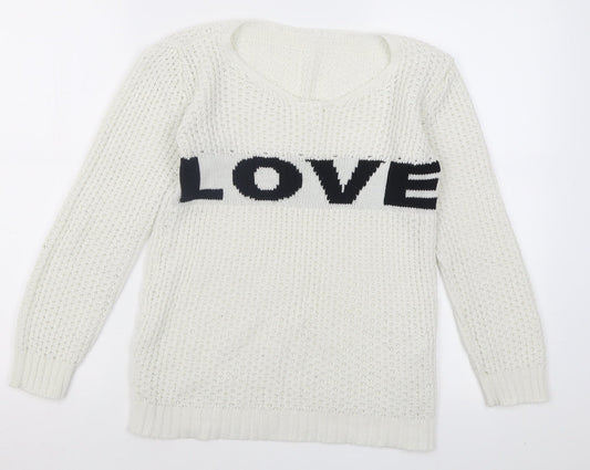 Preworn Womens White Crew Neck  Acrylic Pullover Jumper Size S   - Love