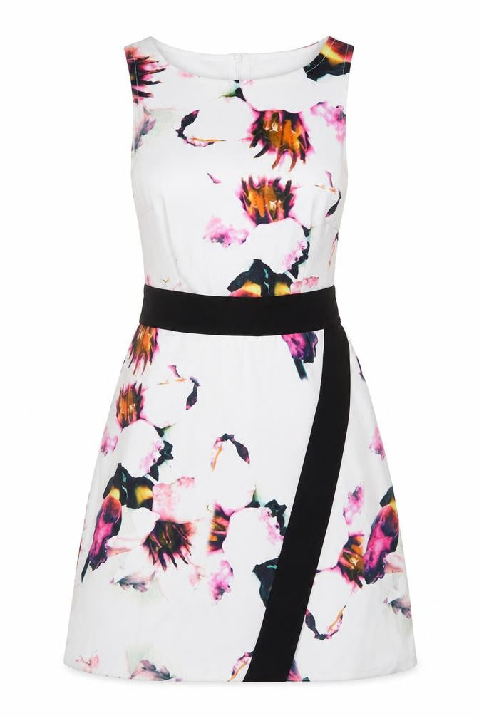 Missguided Womens White Floral Polyacrylate Fibre A-Line  Size 6  Crew Neck Zip