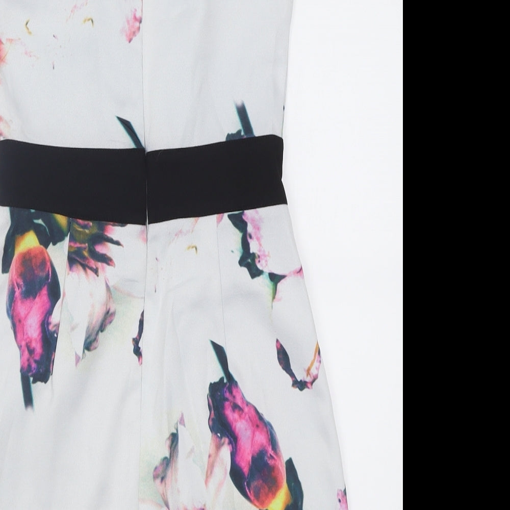 Missguided Womens White Floral Polyacrylate Fibre A-Line  Size 6  Crew Neck Zip