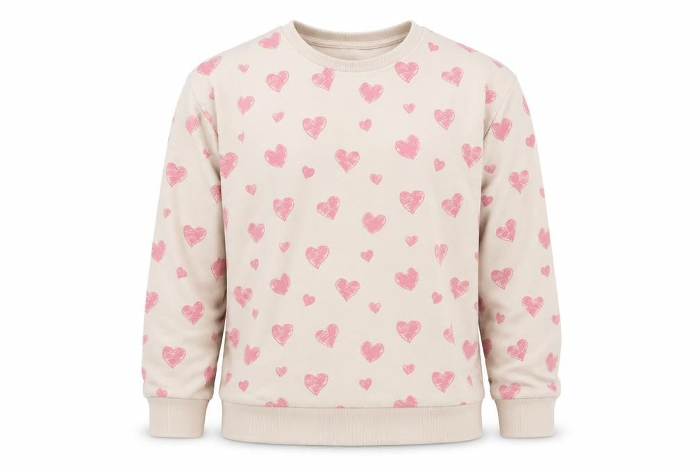 Dunnes Girls Beige Geometric Cotton Pullover Sweatshirt Size 10-11 Years   - Heart Print