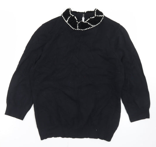 Savida Womens Black Crew Neck  Cotton Pullover Jumper Size L   - Velour Collar
