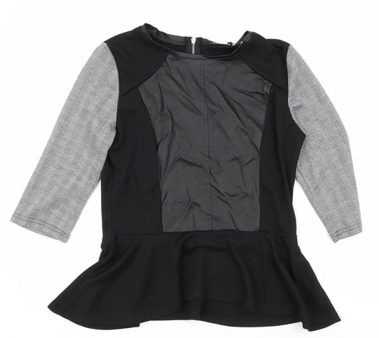 mystify Womens Black Herringbone Polyester Jersey Blouse Size L Round Neck