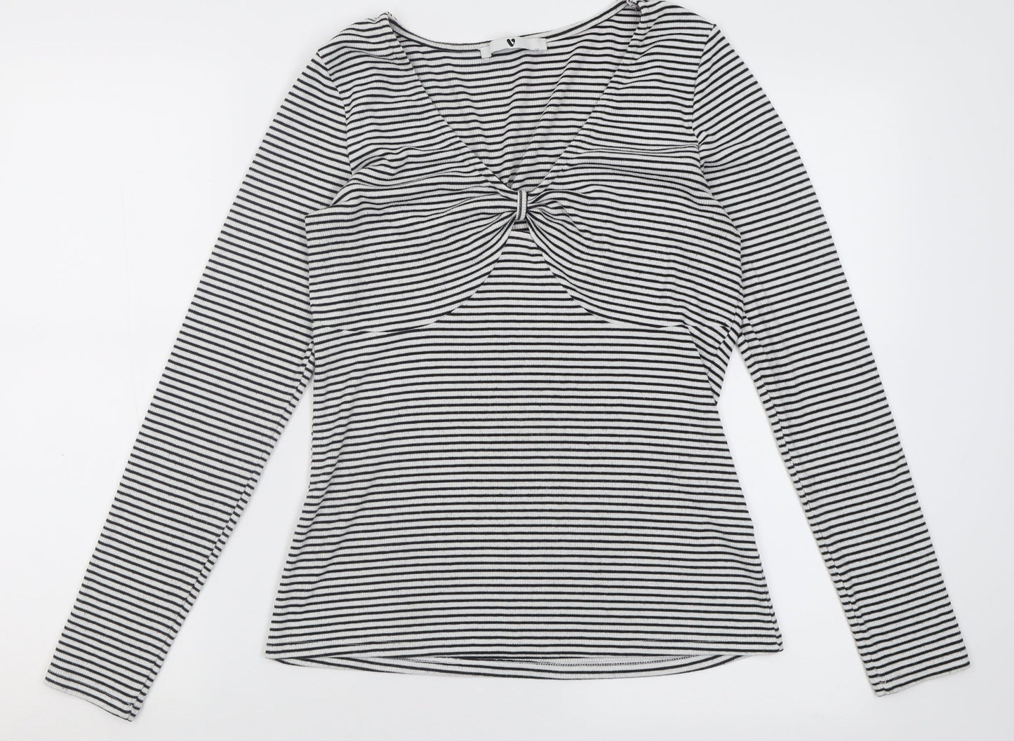 Very Womens White Striped Polyester Basic T-Shirt Size 12 V-Neck