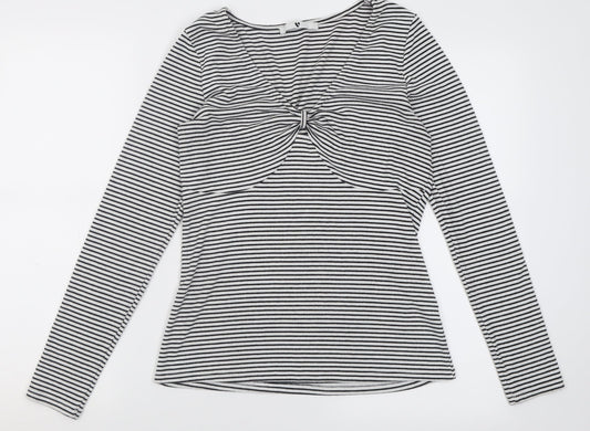 Very Womens White Striped Polyester Basic T-Shirt Size 12 V-Neck