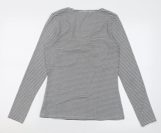 Very Womens White Striped Polyester Basic T-Shirt Size 12 V-Neck