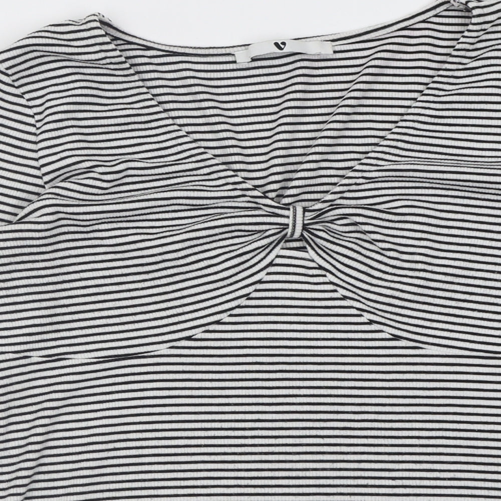 Very Womens White Striped Polyester Basic T-Shirt Size 12 V-Neck