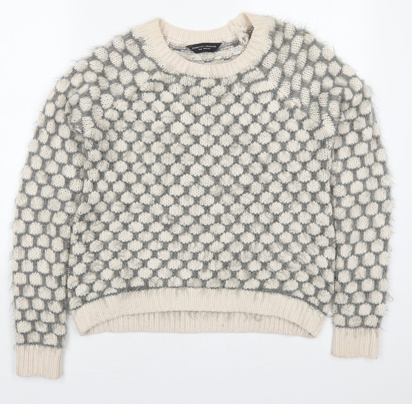 Dorothy Perkins Womens Beige Round Neck Polka Dot Acrylic Pullover Jumper Size 10   - Grey