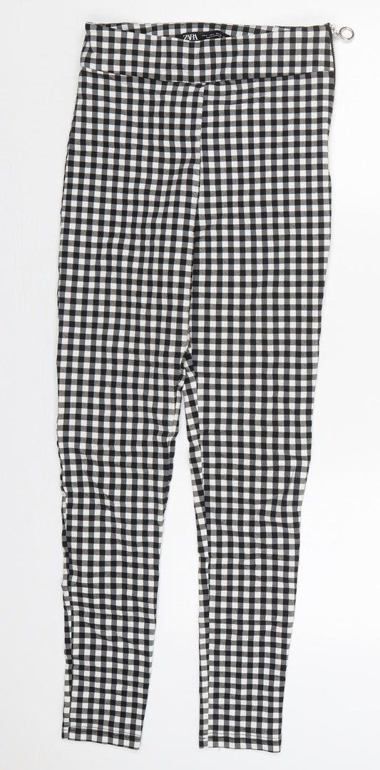 Zara Womens Black Check Viscose Trousers  Size S L28 in Regular Zip