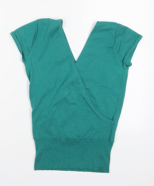 Monsoon Womens Green V-Neck  Cotton Pullover Jumper Size 8