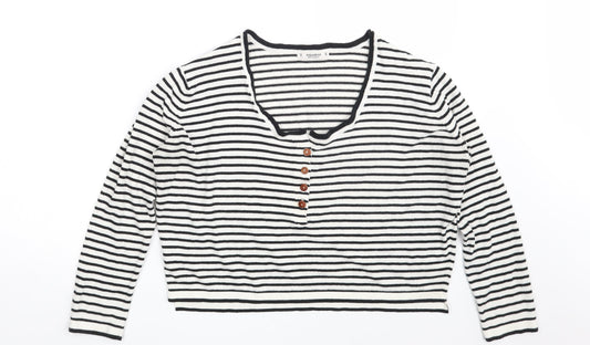Pull&Bear Womens White Scoop Neck Striped Acrylic Pullover Jumper Size S   - Cropped