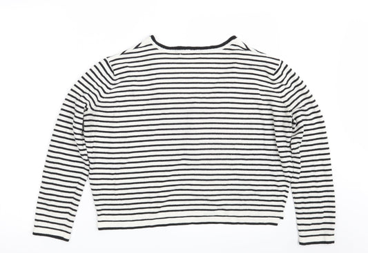 Pull&Bear Womens White Scoop Neck Striped Acrylic Pullover Jumper Size S   - Cropped