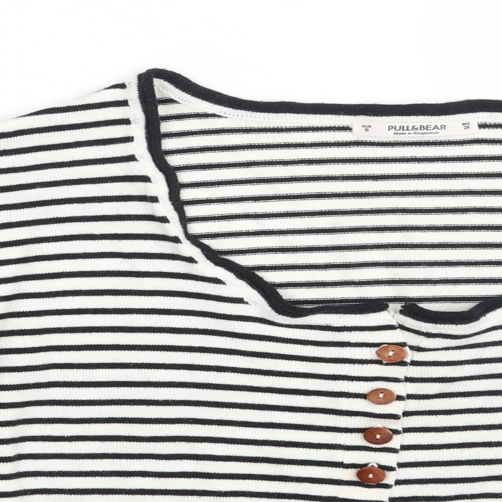 Pull&Bear Womens White Scoop Neck Striped Acrylic Pullover Jumper Size S   - Cropped