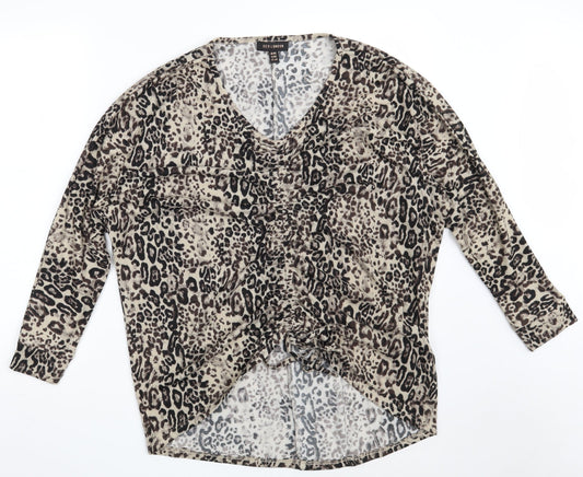 QED London Womens Brown V-Neck Animal Print Polyester Pullover Jumper Size M   - Size M/L
