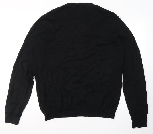 H&M Mens Black V-Neck  Cotton Pullover Jumper Size L
