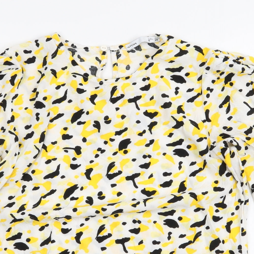 Lefties Womens Yellow Animal Print Viscose Basic Blouse Size S Round Neck