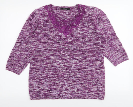 BM Collection Womens Purple Round Neck Floral Polyester Pullover Jumper Size M