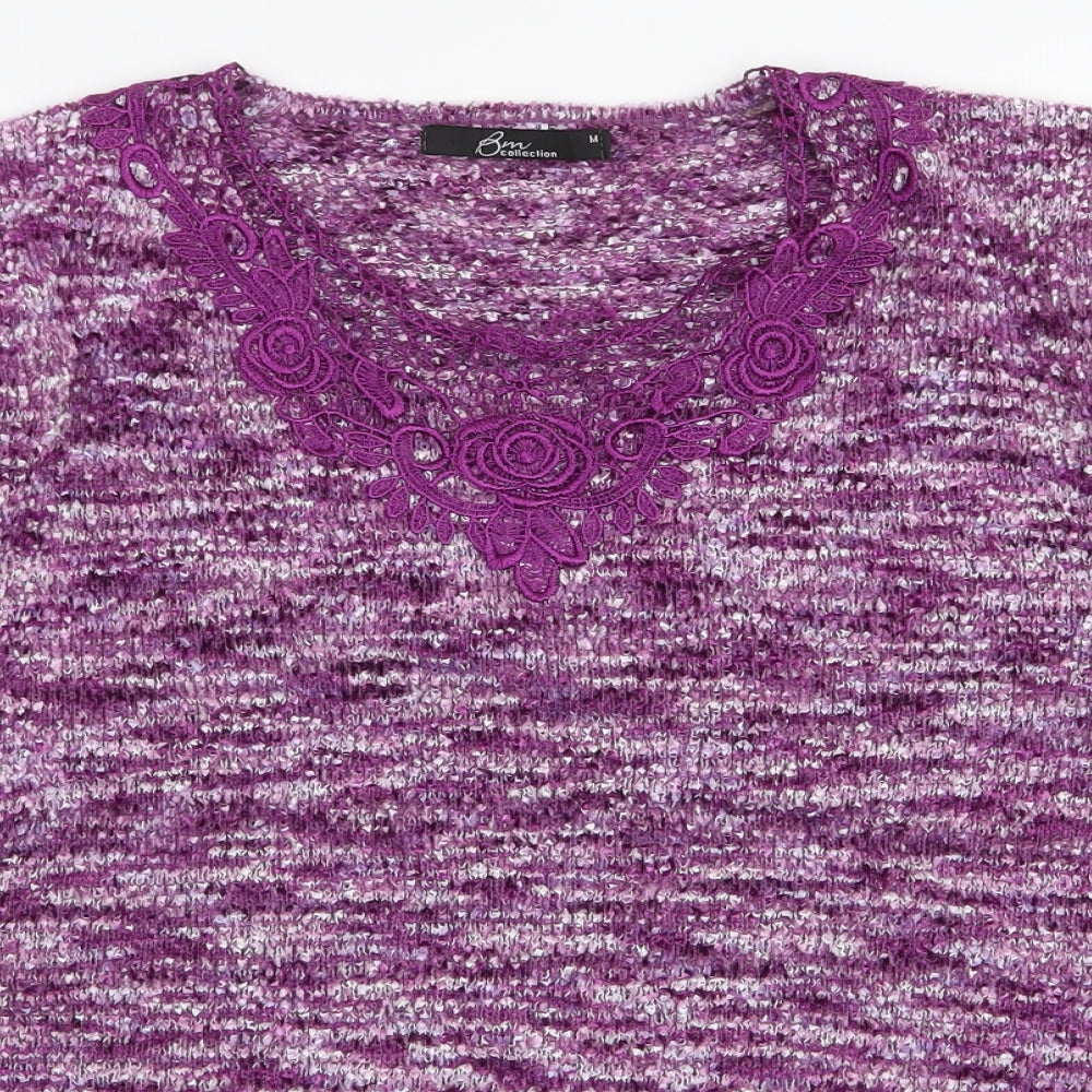 BM Collection Womens Purple Round Neck Floral Polyester Pullover Jumper Size M
