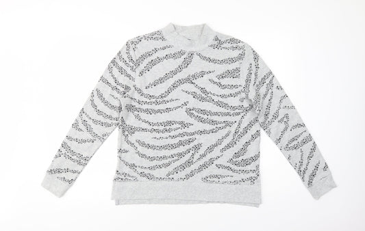 Marks and Spencer Womens Grey Mock Neck Animal Print Cotton Pullover Jumper Size 12