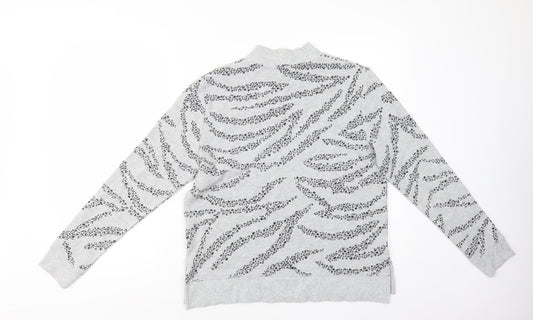 Marks and Spencer Womens Grey Mock Neck Animal Print Cotton Pullover Jumper Size 12