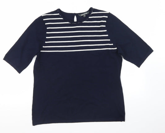 Bonmarché Womens Blue Crew Neck Striped Acrylic Pullover Jumper Size 16