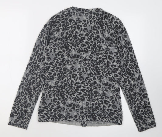 Kenar Womens Grey Crew Neck Animal Print Polyester Cardigan Jumper Size S