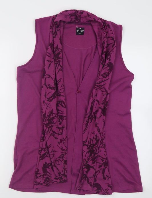 TIGI Womens Purple V-Neck Geometric Acrylic Cardigan Jumper Size 12
