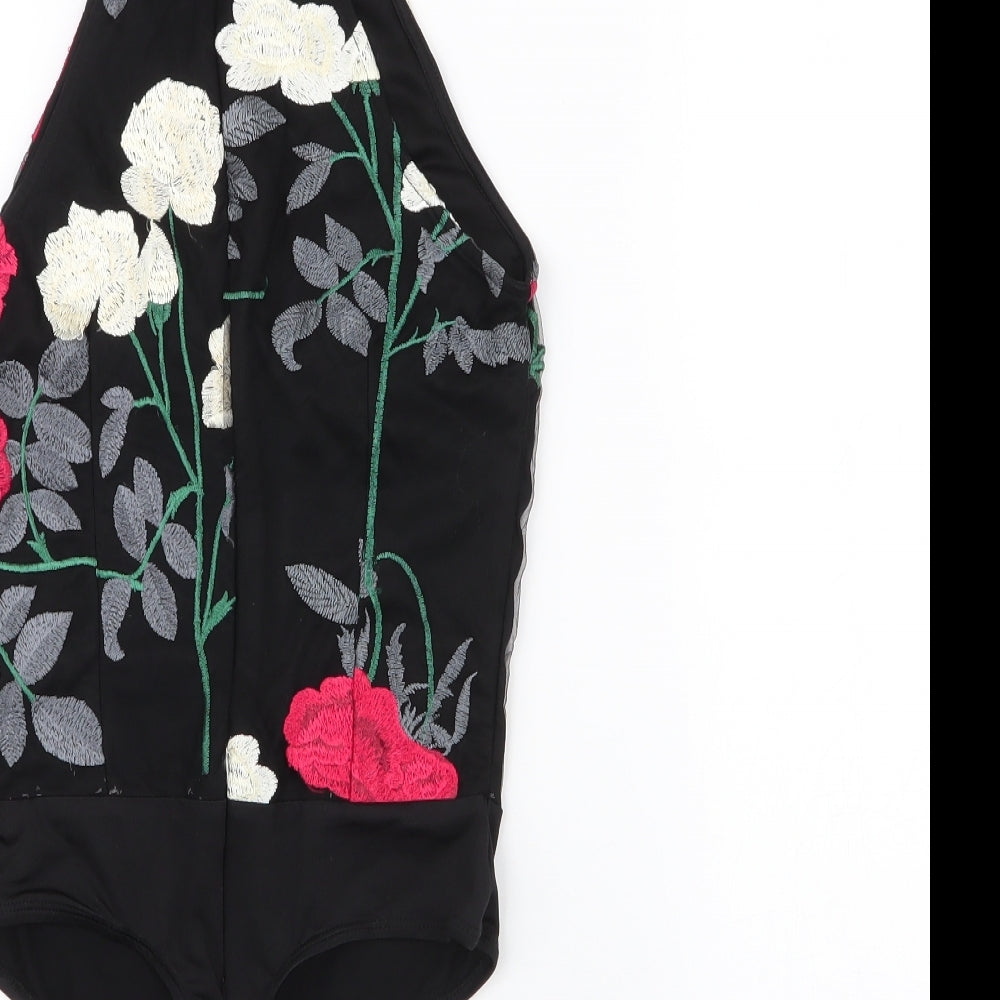 Girl in mind Womens Black Floral 100% Polyester Bodysuit One-Piece Size 8  Snap