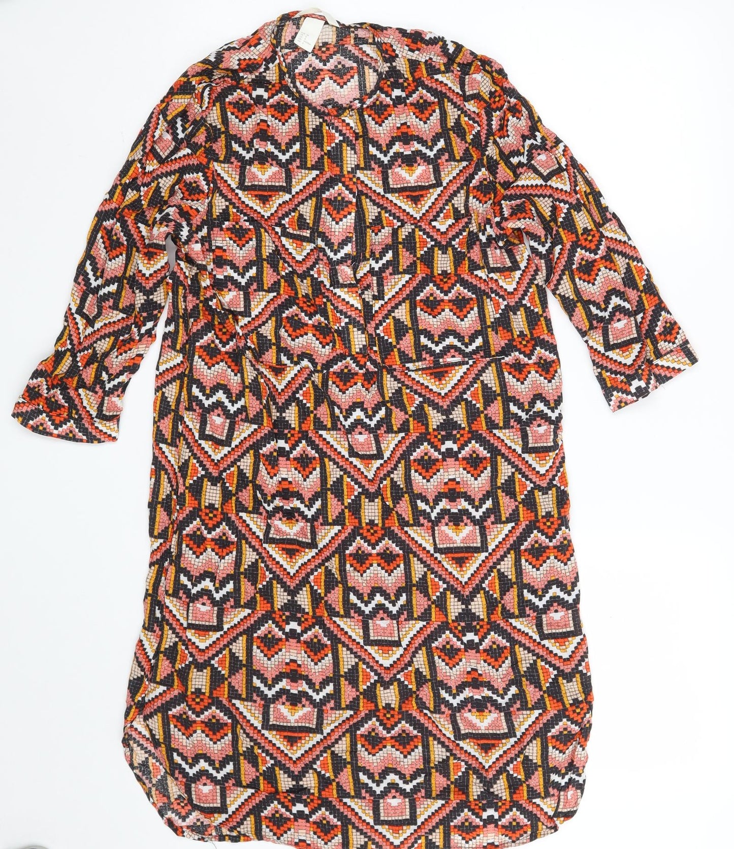 H&M Womens Multicoloured Geometric Viscose A-Line  Size 10  Scoop Neck Button