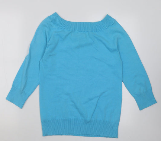 Trend Womens Blue Boat Neck  Cotton Pullover Jumper Size S