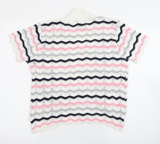 ME Womens White V-Neck Striped Cotton Cardigan Jumper Size L