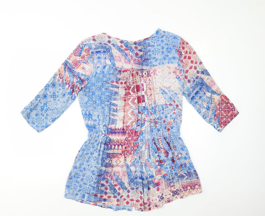 Yest Womens Blue Geometric Viscose Tunic Blouse Size 8 Round Neck