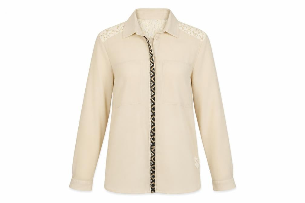 Boohoo Womens Beige  Polyester Basic Button-Up Size 8 Collared - Lace Detail