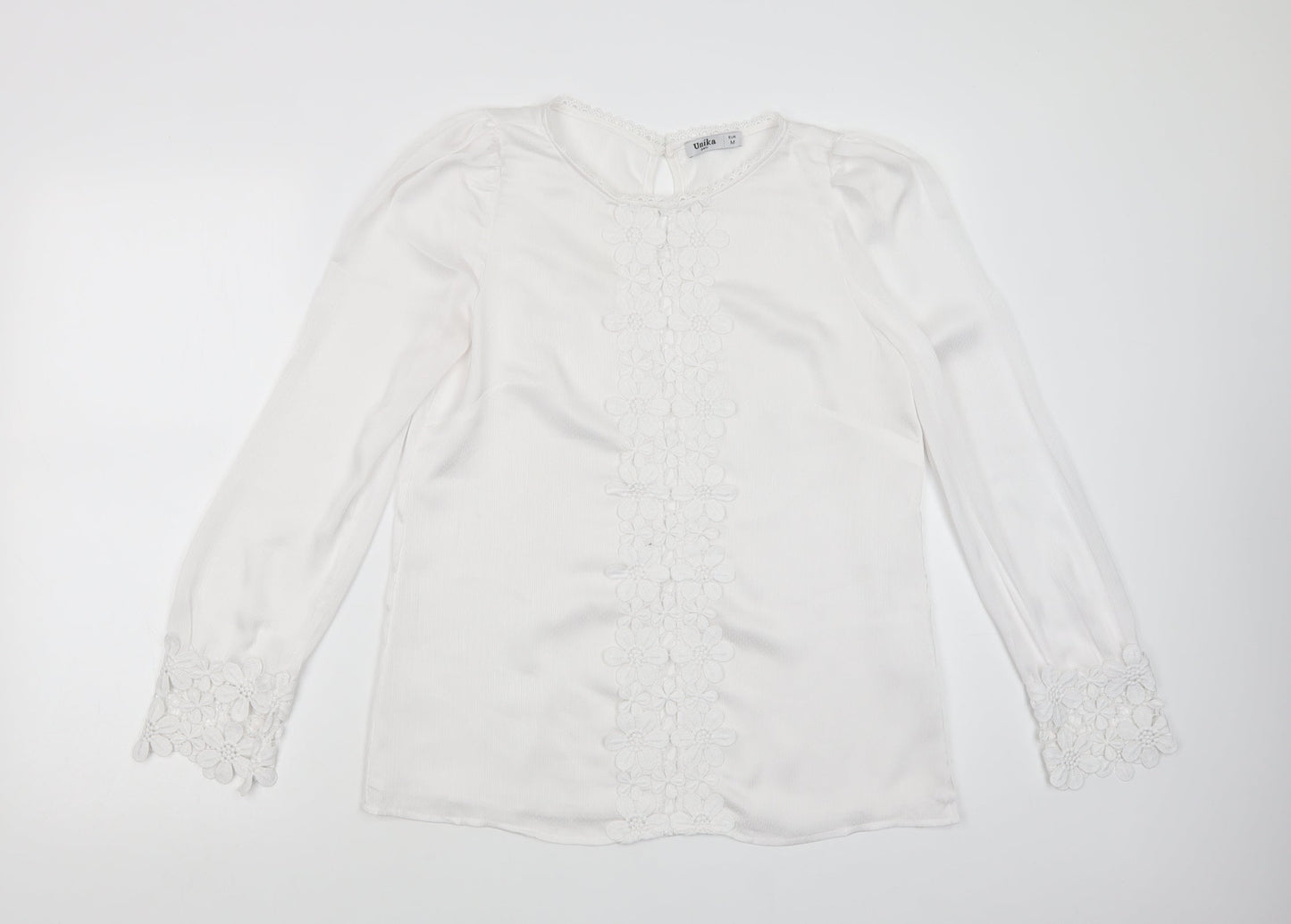 Unika Womens White  Polyester Basic Blouse Size M Round Neck - Lace Detail
