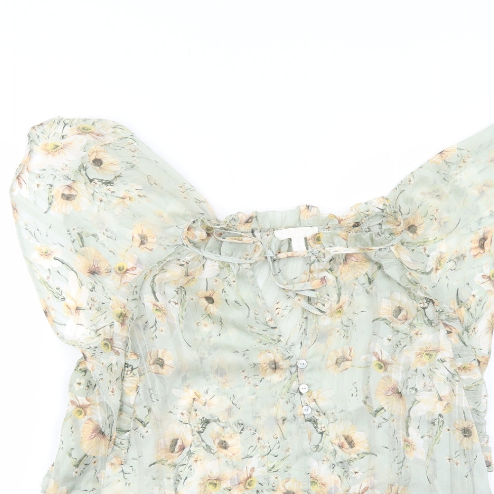 H&M Womens Green Floral Polyester Basic Blouse Size 8 Mock Neck