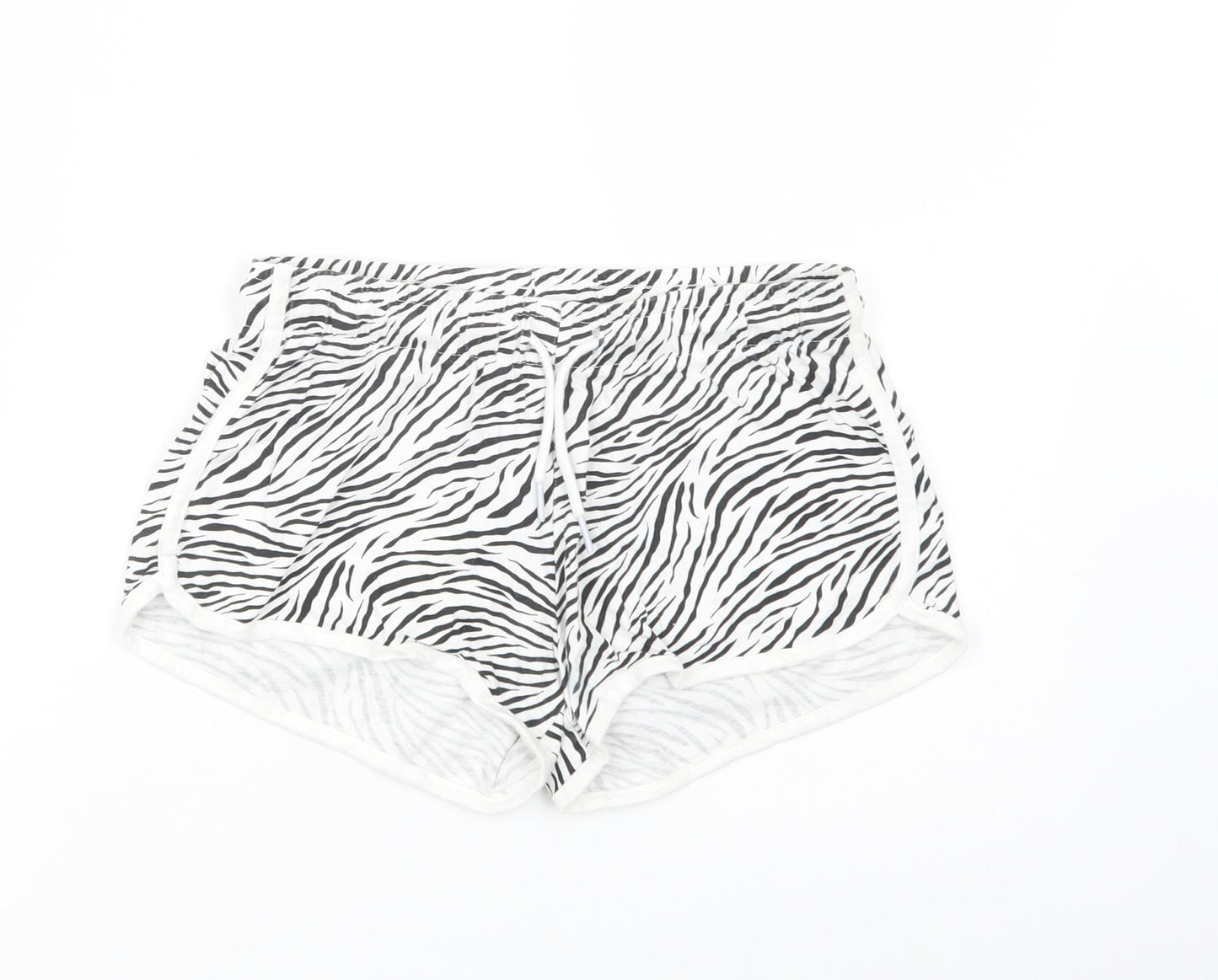 Primark Womens White Animal Print Cotton Sweat Shorts Size XS L3 in Regular Drawstring