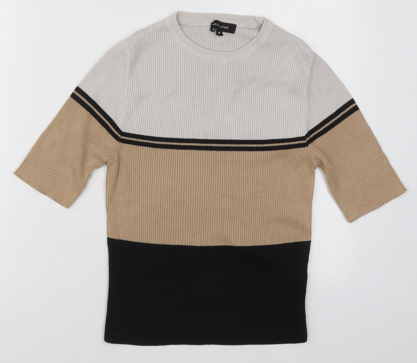 New Look Womens Beige Crew Neck Striped Cotton Pullover Jumper Size 10