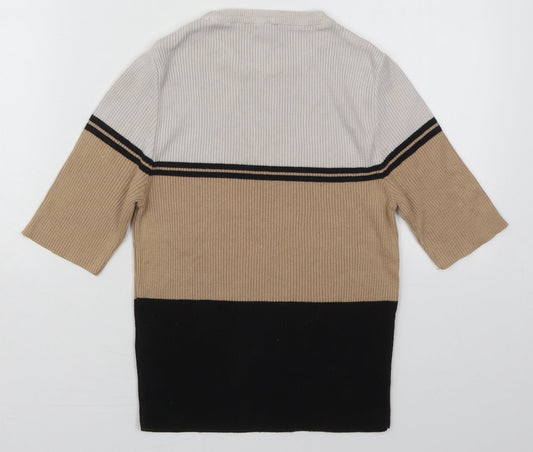 New Look Womens Beige Crew Neck Striped Cotton Pullover Jumper Size 10