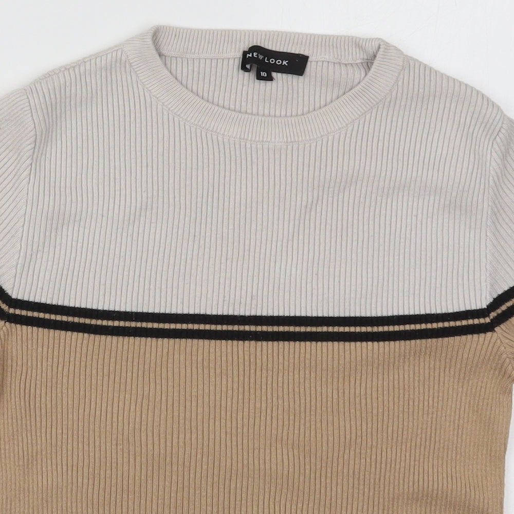 New Look Womens Beige Crew Neck Striped Cotton Pullover Jumper Size 10