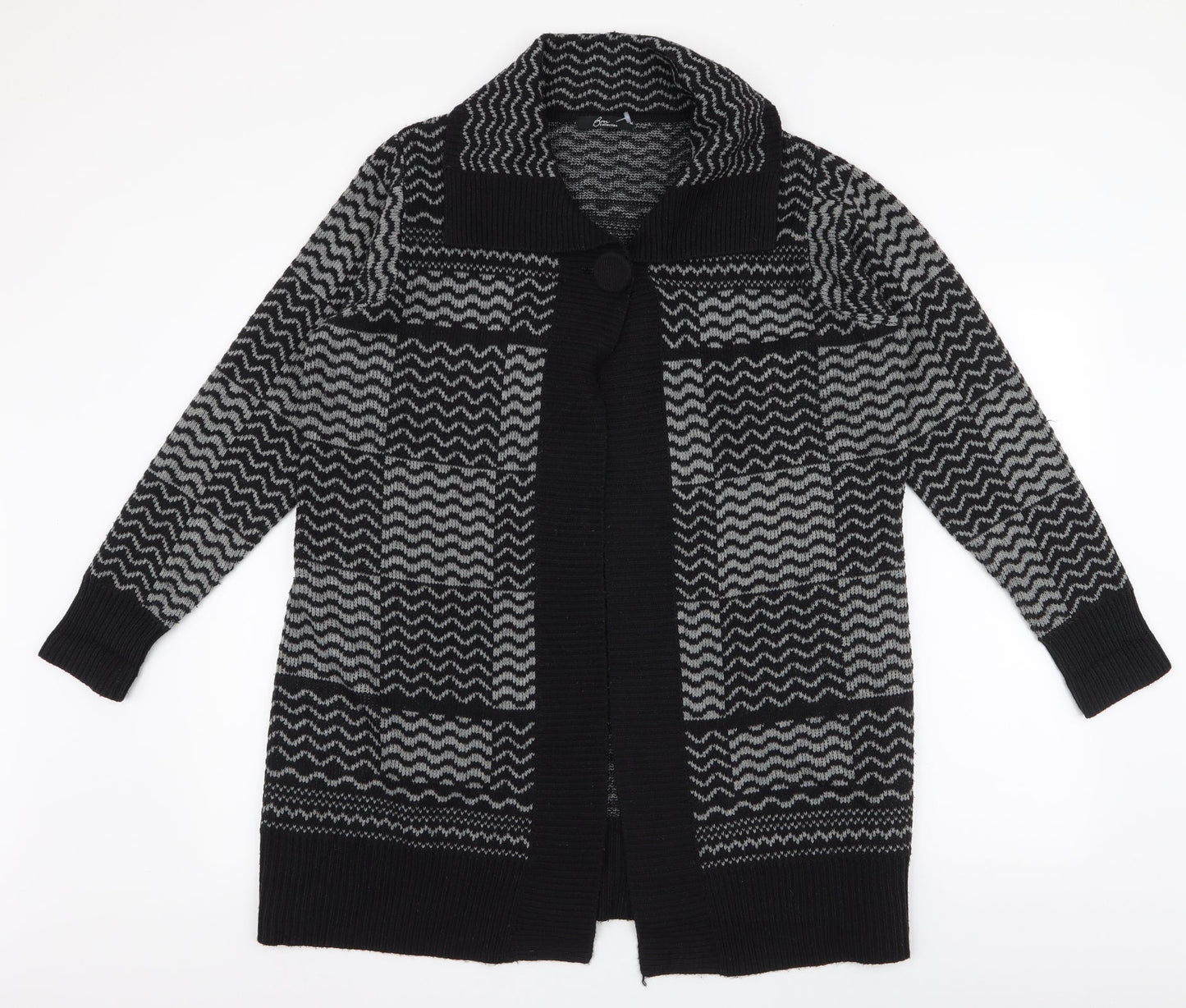 BM Collection Womens Black Collared Geometric Acrylic Cardigan Jumper Size M