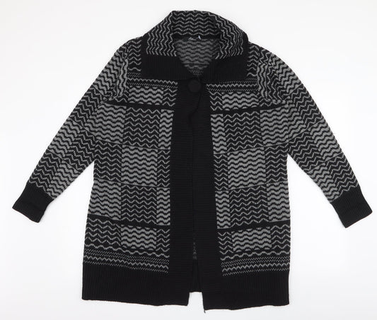 BM Collection Womens Black Collared Geometric Acrylic Cardigan Jumper Size M