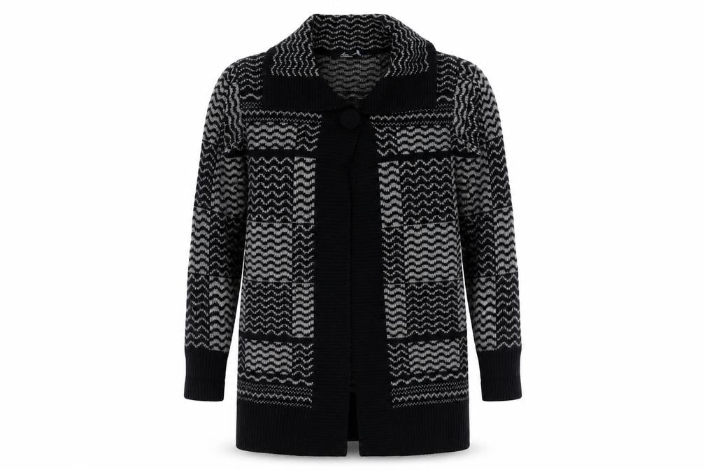 Bonmarché Womens Black Collared Geometric Acrylic Cardigan Jumper Size M