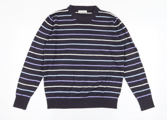 Berkertex Womens Blue Round Neck Striped Acrylic Pullover Jumper Size 10