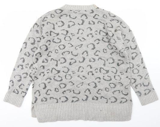 Mango Womens Grey Crew Neck Animal Print Acrylic Pullover Jumper Size M